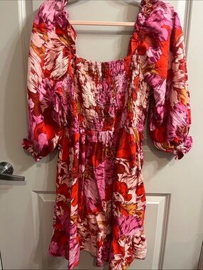 Floral Puff-Sleeve Mini Dress in Pink & Red